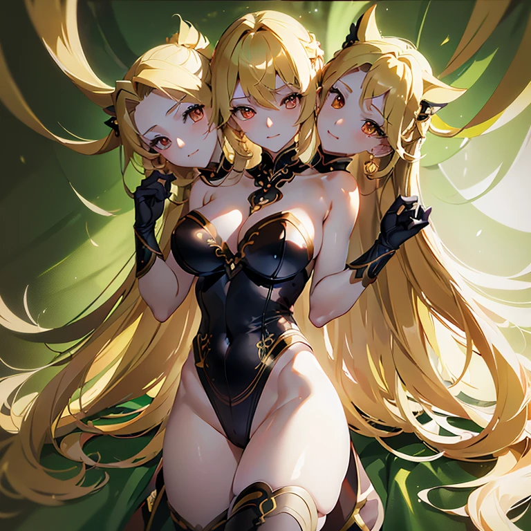 (masterpiece, best quality), best resolution, (3heads:1.5), seductive anime woman, best resolution, 1girl, evil villain, golden long hair, gold eyes, Cinematic lighting