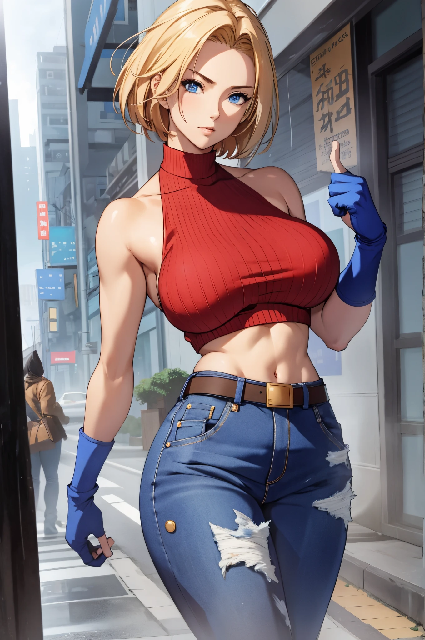 maryms, Best quality at best,(Big breasts are beautiful), 1 plump girl,physically-based renderingt ,Ultra-high sharpness,Willow waist, Skinny, multiple sclerosis. Leona ,musculous, Big blue eyes,legs long,denim pant,virgin,Small under the chest,Puffy eyes, virgin,(rainy city), Skin glows, face to the viewer, Winning pose,