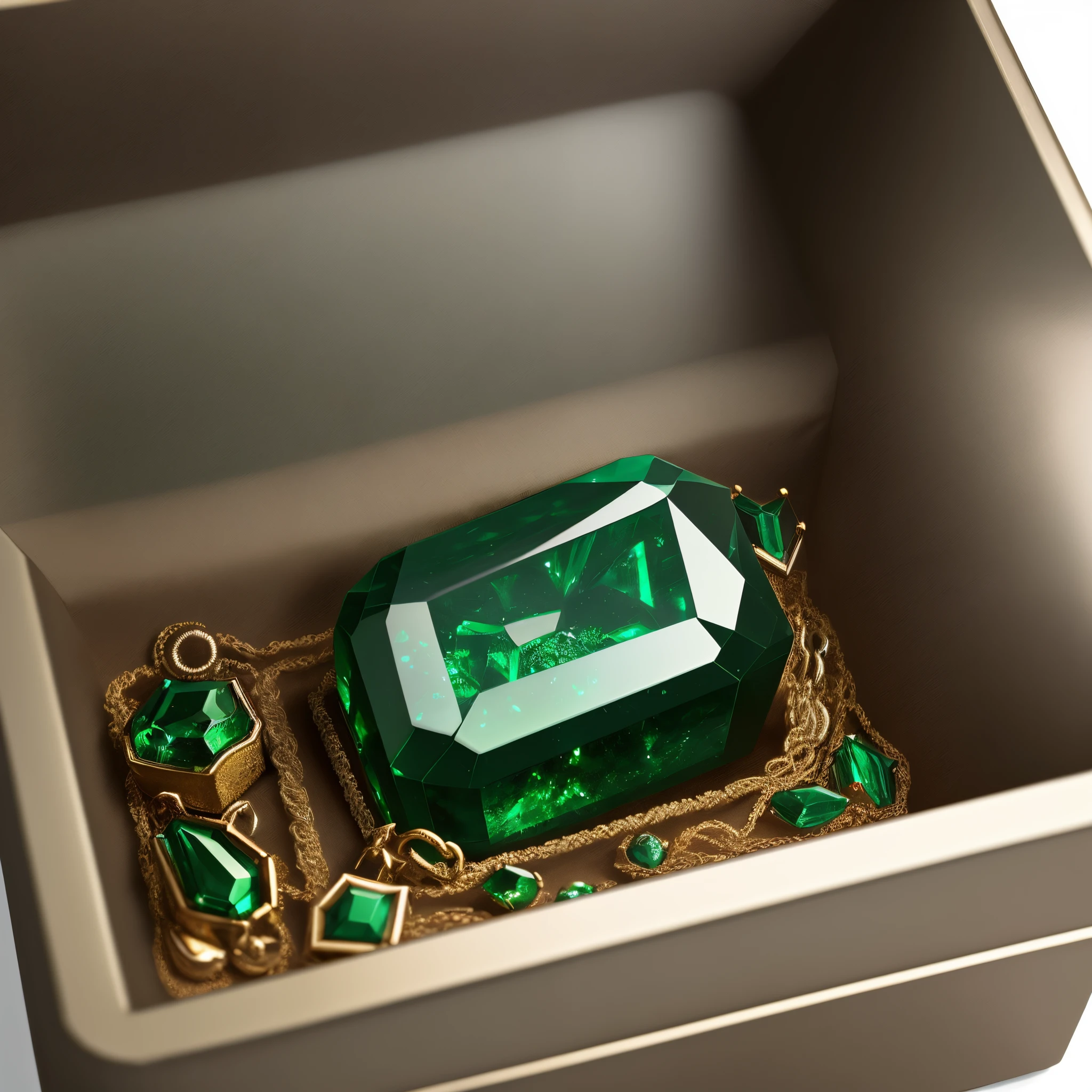 An emerald stone inside a metal box