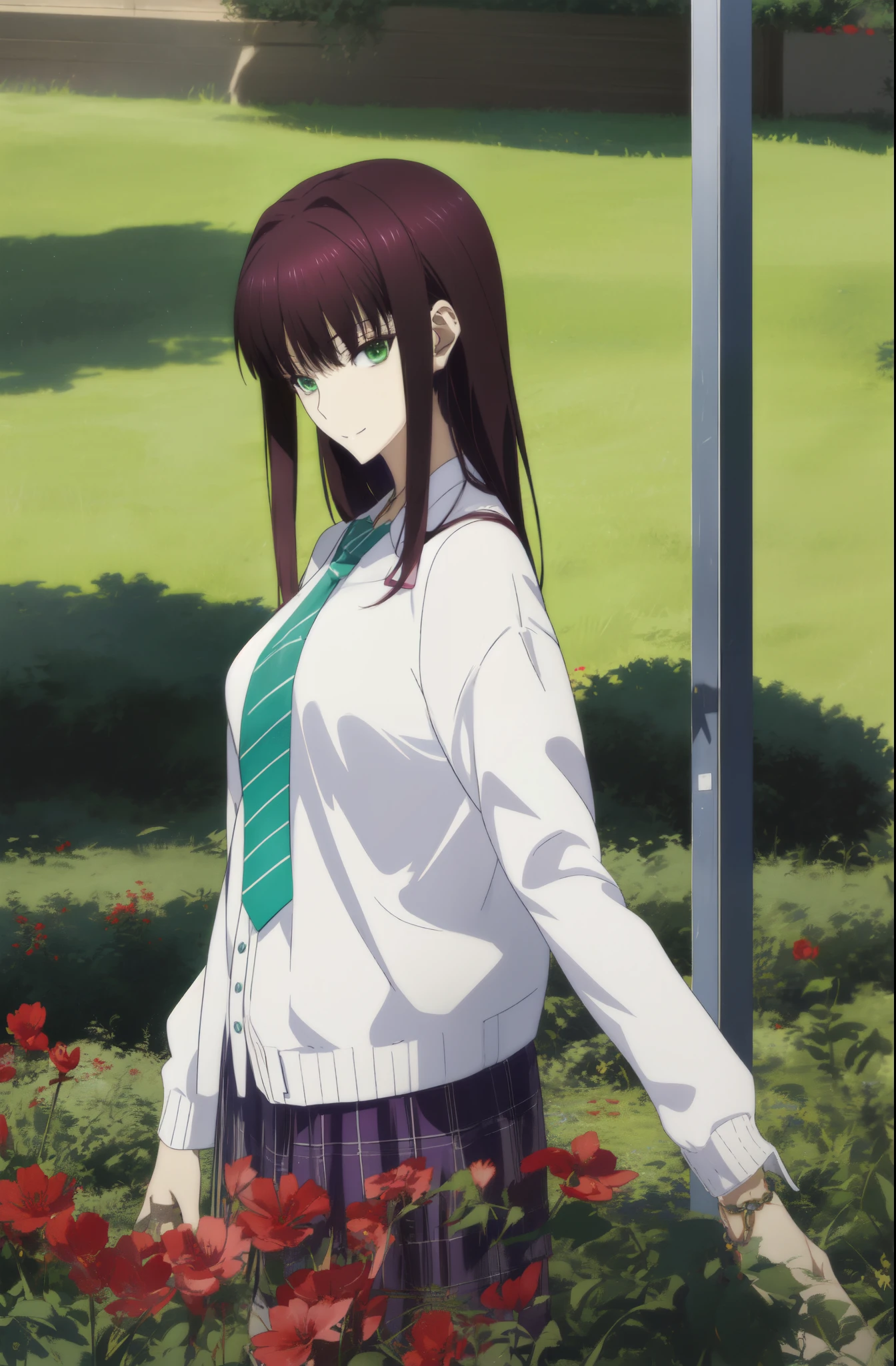 beautiful anime high school girl, anime moe art style, a hyperrealistic schoolgirl, Seductive Anime Girl, an anime girl, Realistic Schoolgirl, charming anime girls, a hyperrealistic schoolgirl, Anime Girl,8K UHD, hight resolution,Very detailed CG, High quality shadows, Detail Beautiful delicate face, Detail Beautiful delicate eyes,BREAK(Very detailed 8k wallpaper),(Highly detailed CG 8K wallpaper),Makima (chain saw man),Sukasaha (Fate/grand order),Shimohira Reihua ,Hi-Res,Very delicate and beautiful CG illustration,top-quality,Realistic skin feeling,Realistic fabric,Realistic texture,beautiful thigh,big breasts thin waist,(((masutepiece))), (((Best Quality))),8K,32K,masterpiece,beautiful alluring anime woman,ultra-definition,ultra-detailliert,hight resolution,a hyperrealistic schoolgirl,masuter piece, Best Quality, High quality, High Definition, high quality texture, high quality shadow, high detailing,finely detail,1girl in,High school students,Solo,Soio,Only one person,Alone,One Person,tall,AS-Adult,Mature atmosphere,Leg length,neat and long legs,8 Head Body,stature:171cm,Mature girls,Reddish-purple hair,Reddish-purple hair,Purple hair,cassis colored hair,silky and smooth hair,Colorful hair,Straight hair,Smile,Smiling happily,lively expression,Cute smile,Cool Beauty,Beautuful Women,Neat face, Beautiful realism,Seductive look,Bewitching look,serene expressions,beautiful hairl,She wears a necklace around her neck,Necklace,bead necklace,magatama accessories,A slight smil,Colorful eyes,green colored eyes,Jade-colored eyes,beautidful eyes,Bright eye,Delicat eyes,Eyes Like Gems,Jade Eyes,Hanging eyes,(Green eyes:1.5),Seductive face,((White collared shirt)),Button shirt,neck tie,Red tie,校服,High school students,School Sweater,Dark grey sweater,plaid skirts,plein air,I have a smartphone,After school,early evening,Shoulder back,takeout,a park,Walking,Flower garden,Watching the viewer,Looking at the camera,