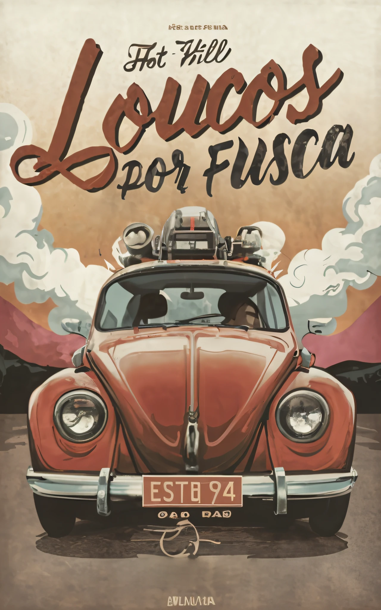 there is a poster of a red car with luggage on top, cartaz ilustrado, poster illustration, poster vintage, poster artwork, retro poster, Directed by: Jose Comas Quesada, estilo poster vintage, cover illustration, cartaz de viagem, official poster artwork, Directed by: Lucas Vorsterman, cartaz oficial, inspired by Jose Comas Quesada, estilo de arte do cartaz, Inspirado no besouro
