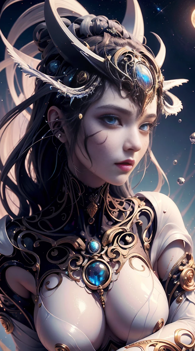 Full body like,(Best quality,ultra - detailed,Best Best Illustration,The best shadow,tmasterpiece,A high resolution,professionalartwork,famousartwork),詳細な目,beautidful eyes,Close-up cleavage,sci-fy,colored sclera,Robot eyes,face markings,tattoo is,(fractal,Fractal eyes),largeeyes,largeeyes,(Eye focus),surface focus,the eye of the universe,Space Eye,Close up of metal sculpture of woman with moon in hair,welcoming。extremly high detail,3d goddess portrait,The goddess said it in detail,a stunning portrait of a goddess,Goddess side face avatar,Portrait of a beautiful goddess,Goddess full body close-up,goddess hecate,portrait of a norse moon goddess,goddess of space and time,(RAW photogr:1.2),Camel toes,hollow out,Sweaty legs,White liquid, smooth pink skin, shiny metallic glossy skin, Shiny, spread their legs M-shaped legs,angry look,sullenness,exasperation,There is a white liquid all over the body,Full body like,a hologram,Frontal position