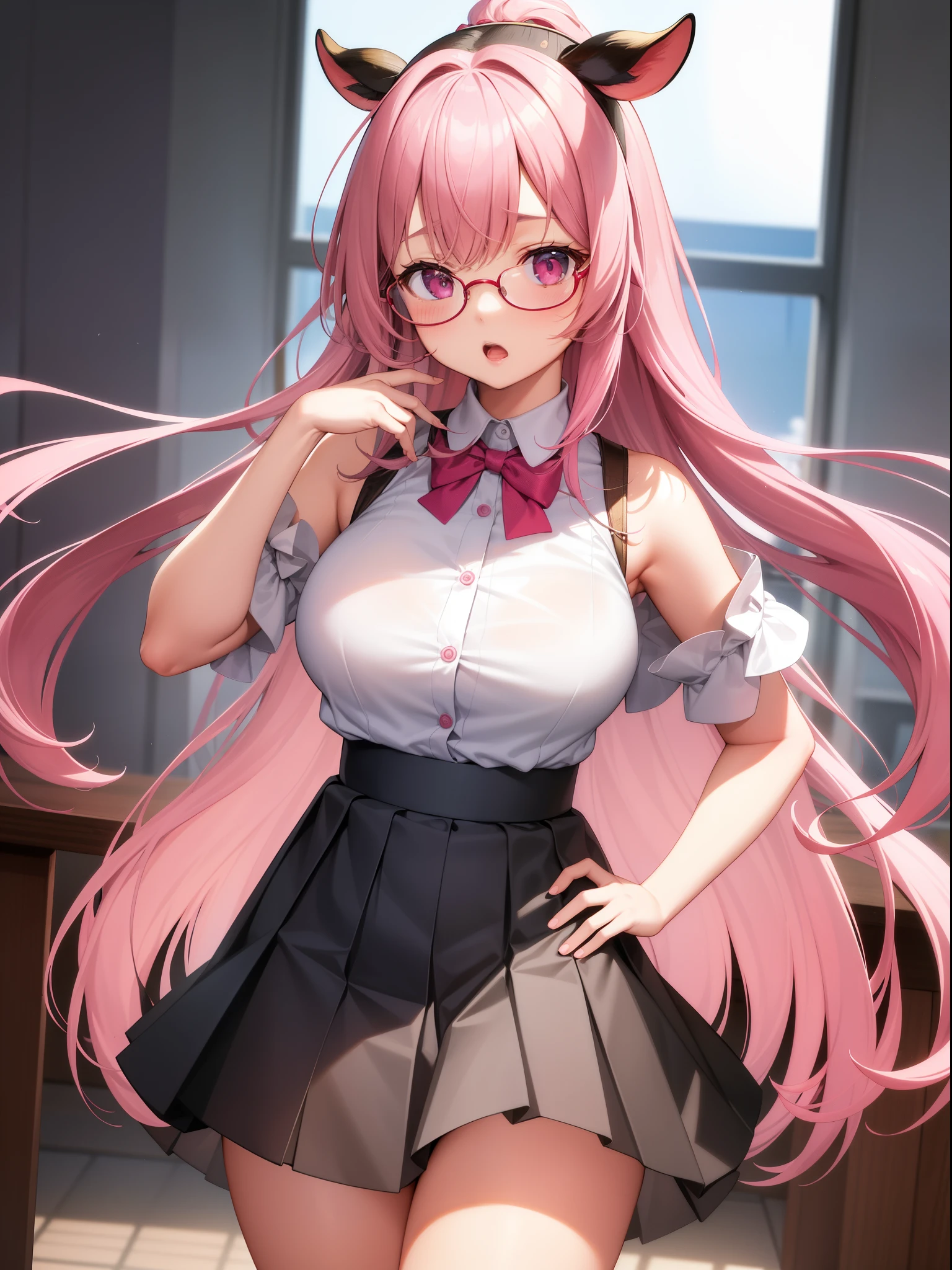tmasterpiece, Best quality at best, ultra - detailed, hyper realisitc, photore),delicate patterns, detailedbackground, completely uncensored, cow boy shot, japanaese girl, Classroom, 校服, Loose collar, a skirt, Look at the glasses, hair between eye, Pink haired girl holding up index finger,one hand on hips, Cheeks puffed up with anger, from the above, Leaning forward,