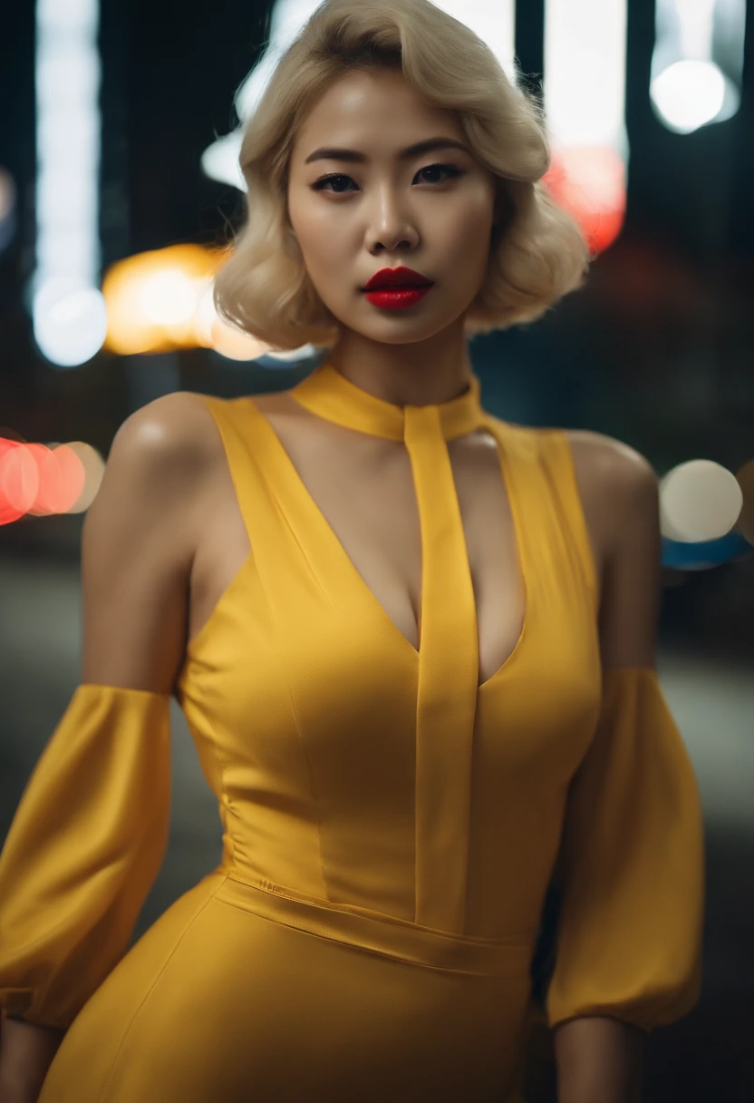 Glossy enamel yellow bodycon dress ((Korean Idols)) racing model ((a blond)) ((Shorthair)) ((A MILF)) ((Glossy bright red rouge lip)) ((Plump lips)) cute little ((Whip whip)) large boob sweaty and shiny skin (Clean armpits) Highway at night Photorealsitic look up to Hyosung