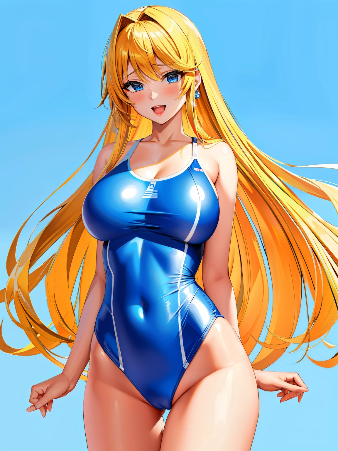 an anime girl、beautiful a girl、 s、middle school giwearing a swimsuit、very long blonde girl、rating:safe、onepiece swimsuit、 Anime girl wearing a light blue and yellow tank suit、 Light blue and yellow high-leg racing swimwear、Two-tone high-leg racing swimsuit、huge tit、Woman with very large breasts、garments:High-cut swimwear、shiny、Blue-eyed girl、shiny_clothes、grey_background、Swimsuit for swimming competitions、girl with half up hair、open_mouth、shiny_skin、covered_navel、cowboy_shot、smile、thigh_gap、shiny_hair、Competitive swimsuit、High Leg Racing Swimwear、looking_at_viewer、;d、simple_background、collarbone、Flyback、blush、Anime girl standing、earrings、The best girls in anime、artwork in the style of guweiz、Detailed Digital Anime Art、perfectly shaded body、realistic anime 3 d style、beautiful attractive anime girl、realistic anime art style、realistic shaded perfect body、