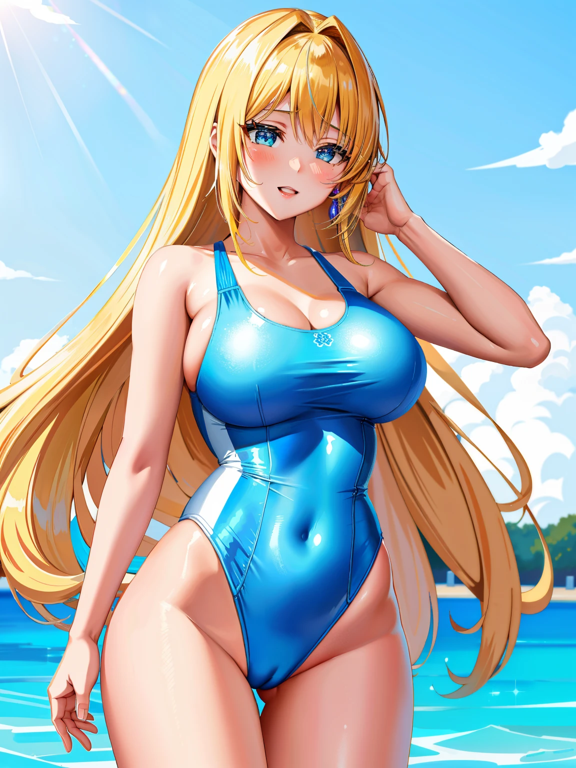 an anime girl、beautiful a girl、 s、middle school giwearing a swimsuit、very long blonde girl、rating:safe、onepiece swimsuit、 Anime girl wearing a light blue and yellow tank suit、 Light blue and yellow high-leg racing swimwear、Two-tone high-leg racing swimsuit、huge tit、Woman with very large breasts、garments:High-cut swimwear、shiny、Blue-eyed girl、shiny_clothes、grey_background、Swimsuit for swimming competitions、girl with half up hair、open_mouth、shiny_skin、covered_navel、cowboy_shot、smile、thigh_gap、shiny_hair、Competitive swimsuit、High Leg Racing Swimwear、looking_at_viewer、;d、simple_background、collarbone、Flyback、blush、Anime girl standing、earrings、The best girls in anime、artwork in the style of guweiz、Detailed Digital Anime Art、perfectly shaded body、realistic anime 3 d style、beautiful attractive anime girl、realistic anime art style、realistic shaded perfect body、