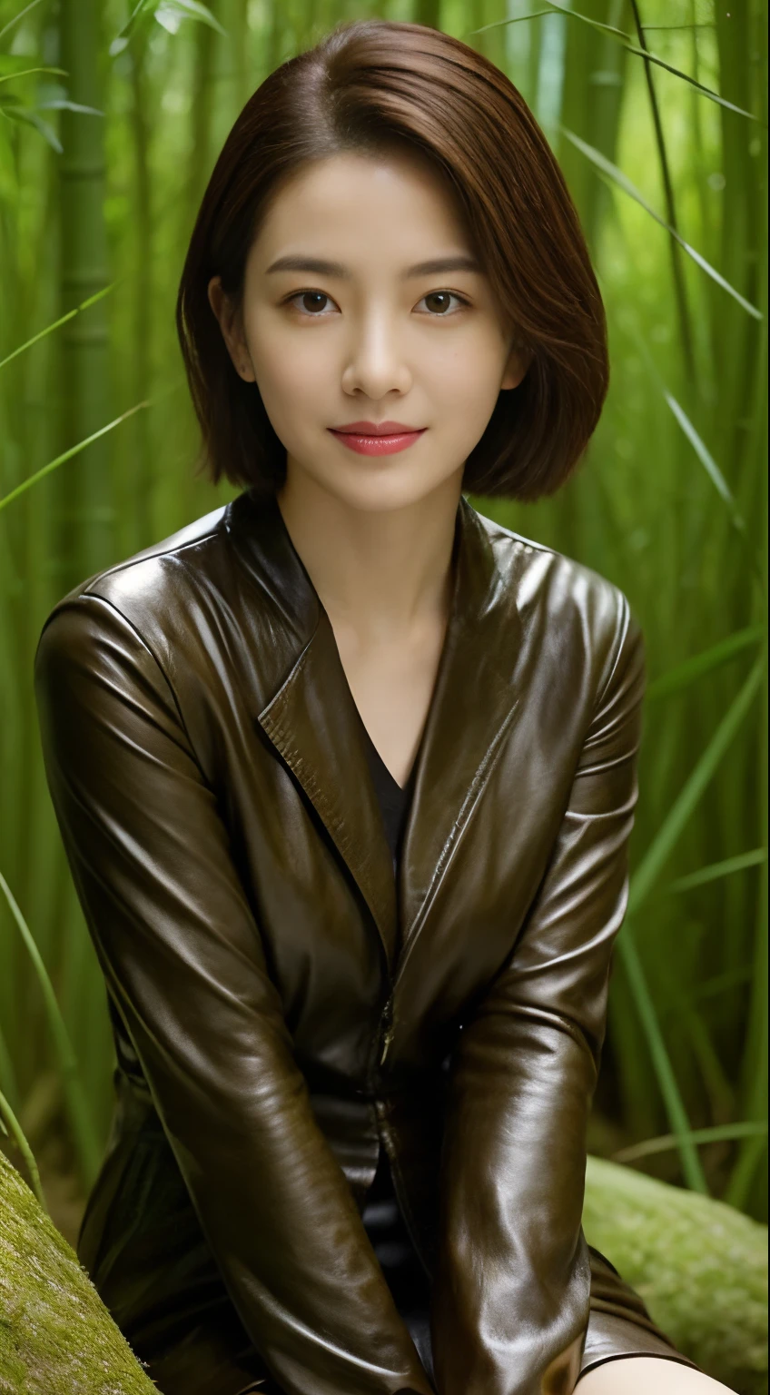 The highest image quality、超高分辨率、1 girl,Short hair details、exquisite and beautiful face、Wearing a leather long-sleeved robot suit、Sitting on a large rock in the bamboo forest