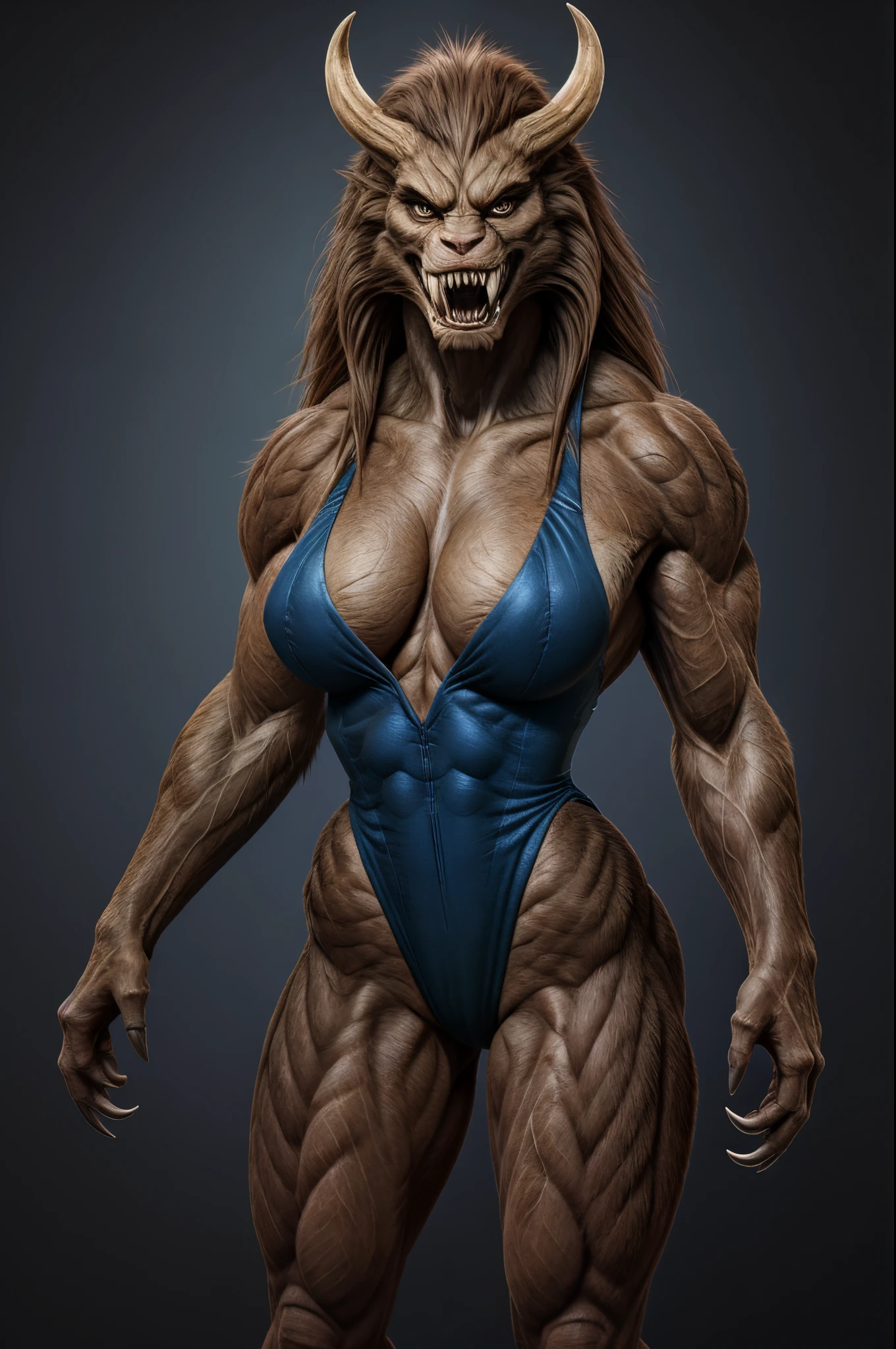 "Create an ultra-high-quality, photorealistic artwork in 8K resolution that depicts a Sasquatch Woman Hybrid in all her glory. The focus should be on capturing the intricate details of her features to create a realistic and immersive experience.
The woman should have long hair that flows beautifully, adding to her allure. Her entire body should be covered in brown fur, giving her a wild and primal appearance. She should be portrayed wearing a tight, high-leg leotard in black that accentuates her muscular and toned physique. Her broad hips and hourglass body shape should emphasize her voluptuousness and thicc figure.
Her muscular build should be evident, with well-defined abs and thick thighs showcasing her strength. She should possess long arms with sharp claws, further enhancing her menacing presence. Her teeth should be sharp and fang-like, and she should also have horns, adding to her monstrous yet beautiful aesthetic.
Through this artwork, capture the fierce and sexy nature of this hybrid creature. The level of detail and realism should be top-notch, allowing viewers to fully appreciate the intricate features and character of this unique Sasquatch Woman Hybrid."
monster, (fur:1.8), (highleg leotard:1.5), (Muscular:1.6), (Large Breast:1.2), (claws:1.3), (sharp teeth:1.2), (hair:1.4), (long arms:1.3),