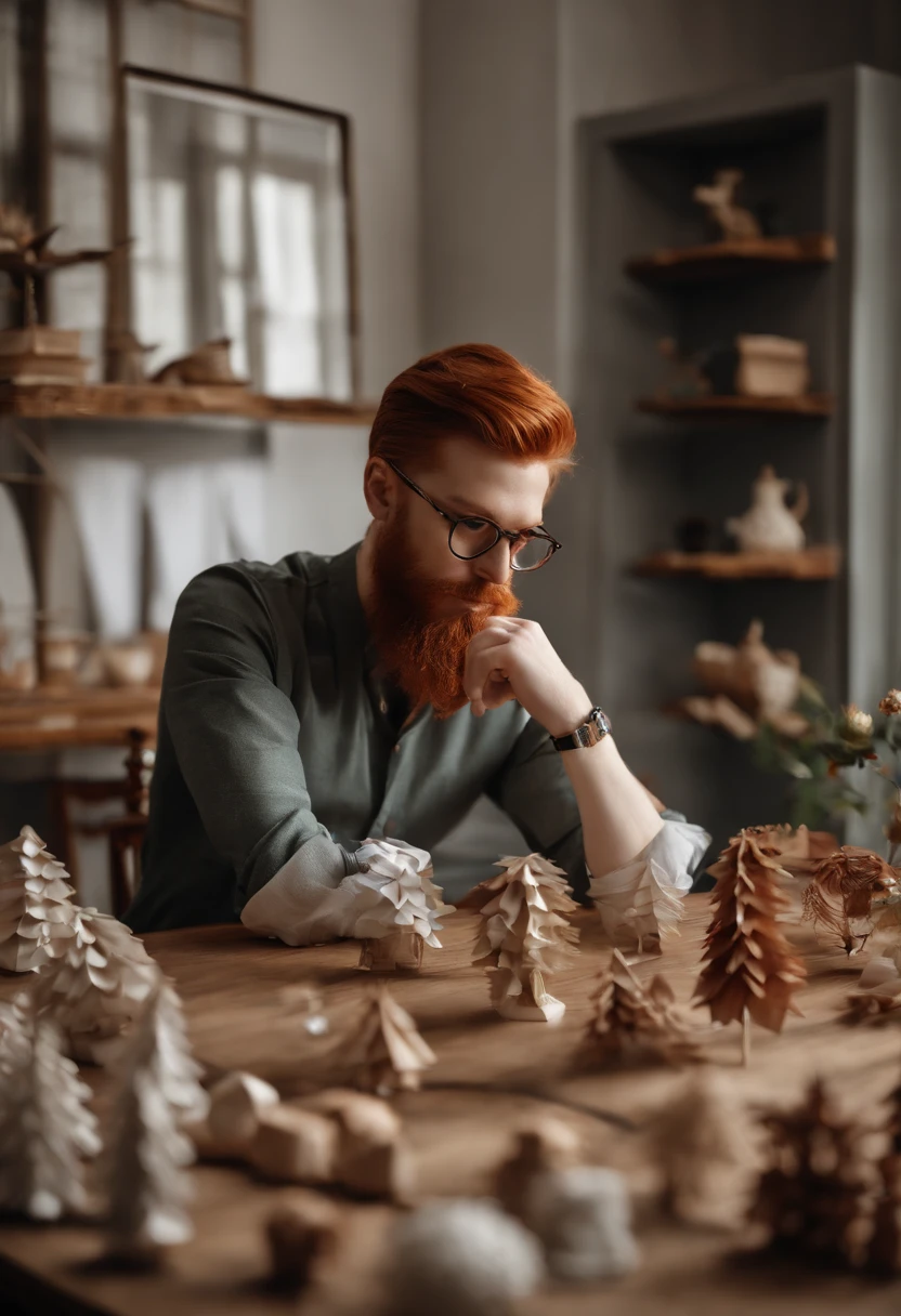 A photo of a person meticulously arranging delicate and intricate origami sculptures on a table,original,Appearance:[male, red hair, red beard, brown eyes, pale skin, square-framed glasses, button-up shirts, dress slacks, Scandinavian in appearance, thin, slender, tall]
Alternate:[male, red hair, red beard, brown eyes, pale skin, square-framed glasses, V-neck T Shirts, athletic pants, Scandinavian in appearance, thin, slender, tall]
Alternate:[male, red hair, red beard, brown eyes, pale skin, square-framed glasses, sweaters, jeans, Scandinavian in appearance, thin, slender, tall]
, male