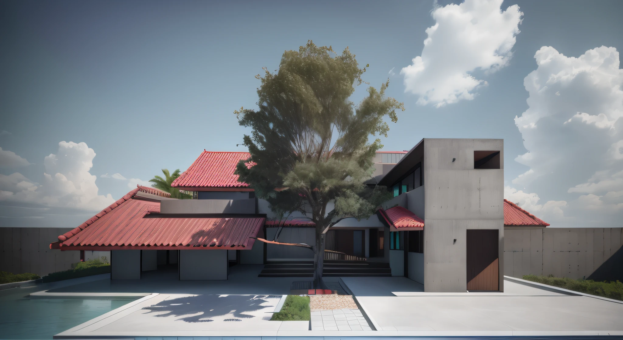 there is a 3d image of a house with a tree in the front, architecture render, detail render, architectural render, concept house, architectural visualisation, archviz, detailed archviz render, detailed render, lumion render, complex 3d render, semi - realistic render, complex 3 d render, rendered in lumion pro, architectural visualization, red tile roof, concrete wall, tropical architecture, grass yard, more tree