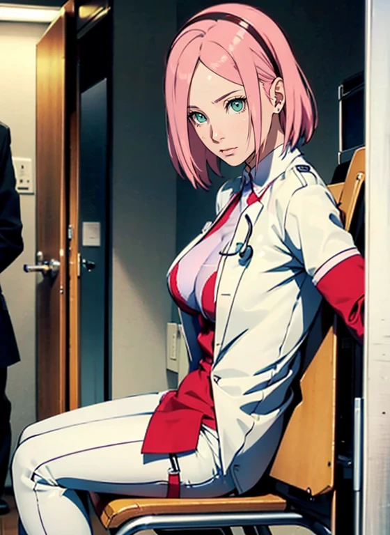 1 mature woman (adult), sexy body, Perfect body, Very tight clothes (hospital coat), Shows a lot of skin, Sexy clothes,, Breasts peeking out, Standing in doctor's office, Close-up, arms behind back, sakura haruno adult doctor , red hairband, ((white shirt)), white jeans, hot, big breasts, Front view, sitting, office, Sit on the stretcher ((unbuttoned shirts))