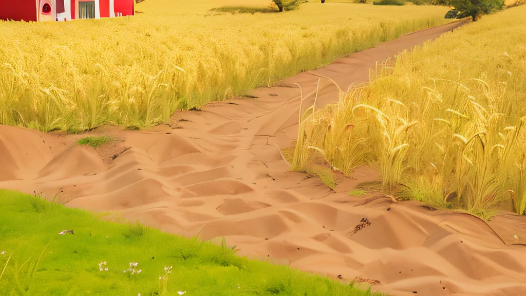 Pixar, 3d animation, 3d render, a farm in the countryside, afternoon daylight with long shadow, A field of yellow wheat, There is green grass growing in the bed of the wheat field and beneath of wheats, (cartoonish dirt road cuts through the field:1.3), a large tree. The barn has a red and some whit, in the left bottom corner there is grassland, high detail redering, Vary rendering, Arnold render, Artistic 3d render, profession CG shooting, artistic composition, professional Framing, sharp and high detail image, vivid colors, daylight, highly detailed, film grain, crystal clear, intricate, smooth, elegant, masterpiece, 4k, 8k, GI lighting, hyper detailed, HD