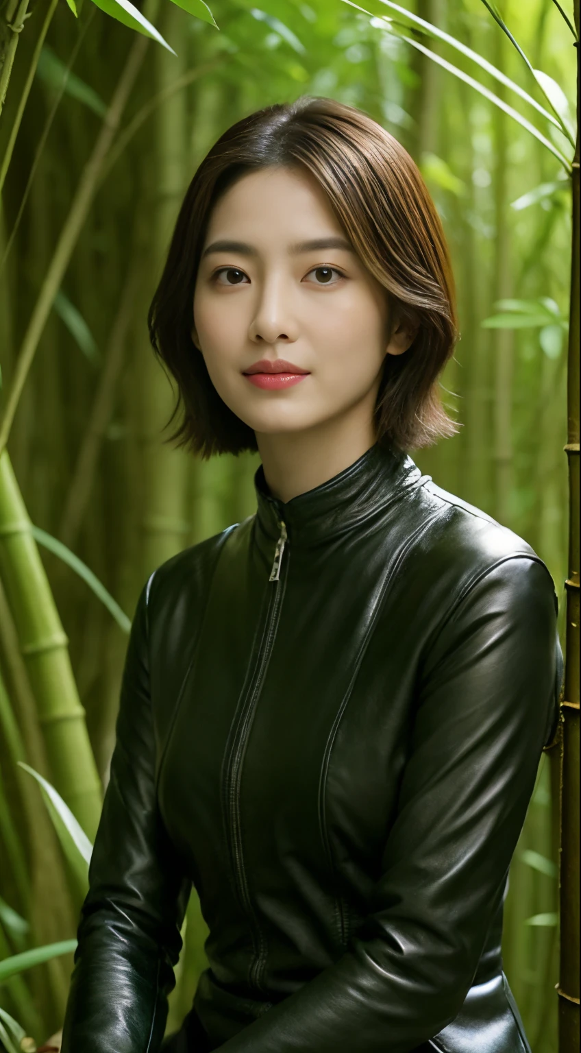 The highest image quality、超高分辨率、1 girl,Short hair details、exquisite and beautiful face、Wearing a leather long-sleeved robot suit、Sitting on a large rock in the bamboo forest