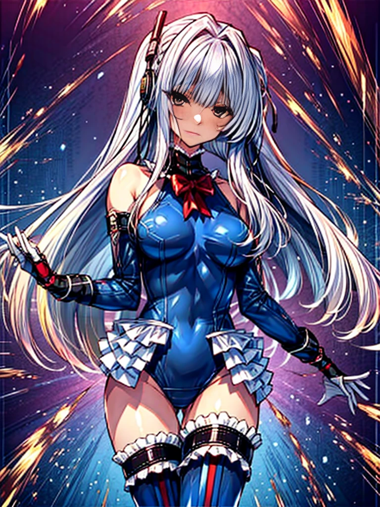 top-quality, absurderes, perfect anatomia,perfect hands, ( (Digital) (8k ), medium breasts, (rib swimsuit,
Thighhighs,
removed sleeve)) , highest quality, marirose,1 girl,(Inside the futuristic base:1.2),evil smile,provocative attitude、young girl