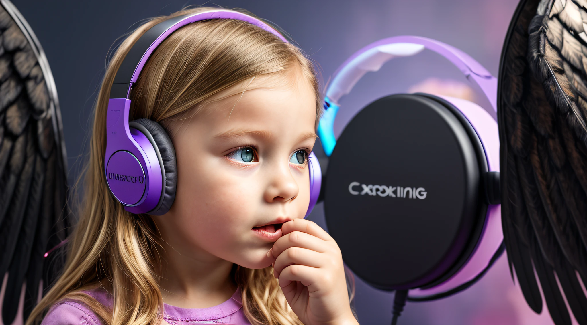 um close de um anel de fone de ouvido de uma loira pegando fogo., com asas em um fundo roxo, Asas pretas ligeiramente queimadas, cruz, Cruzes, Asas Negras,
