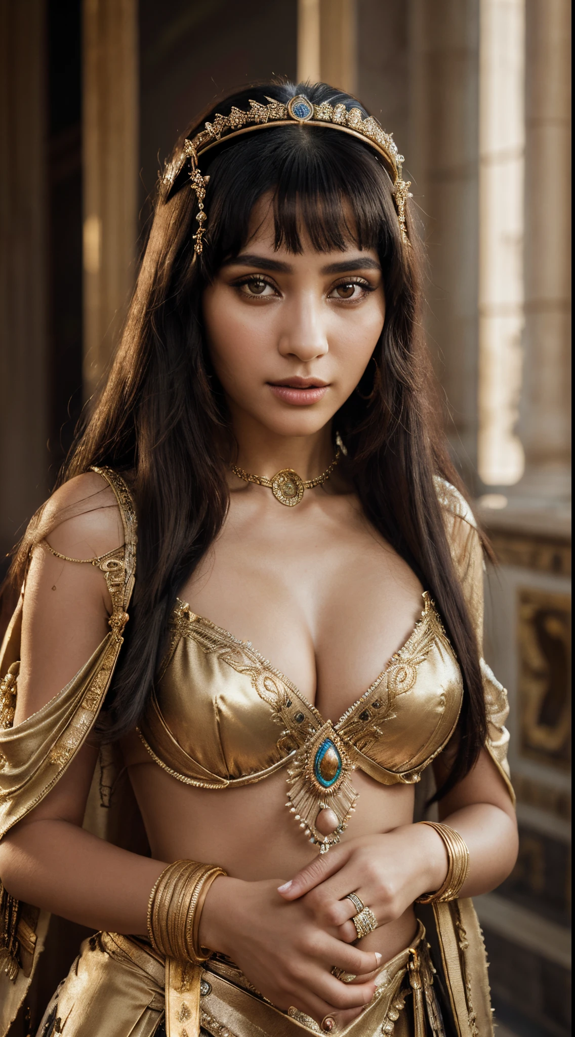 Portrait of Cleopatra the legendary queen of Egypt in high resolution, 4K quality, beautiful, graceful, beautiful eyes, detailed face, high detail, showing royal luxury, decorated with beautiful dresses and intricate jewelry, and delicate styling, exuding an aura of elegance and power, highlighting the beauty of Cleopatra who enchanting, auto cinematic, photography, natural light, Nikon D850, 50mm, f/1.4, facing viewer
