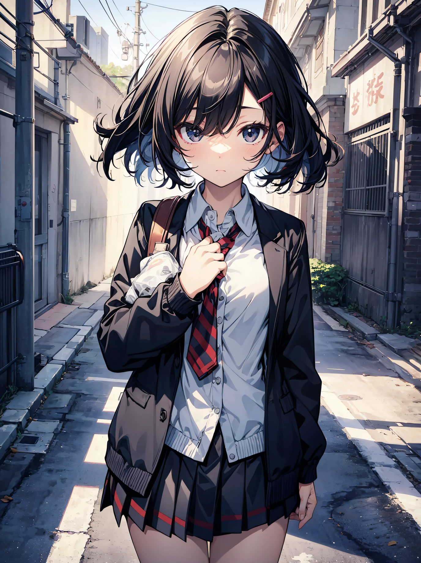 divine quality, anime moe art style,Best Anime 8K Konachan Wallpapers,Pixiv Contest Winner,Perfect Anatomy, (Draw a girl sleepily walking to school. ),BREAK, 1girl in, (Solo,Lori,child,13years:1.3),High school students, Short hair, Koifu hiding eyes, Hair over one eye,Full limbs, complete fingers,medium breasts, groin, Small eyes,Precise black eyes, hair clips, School uniform, On the way to school. BREAK,Ultra-detailed,High resolution,super detailed skin, Professional Lighting,8k eye details, (Cute illustration:1.2),