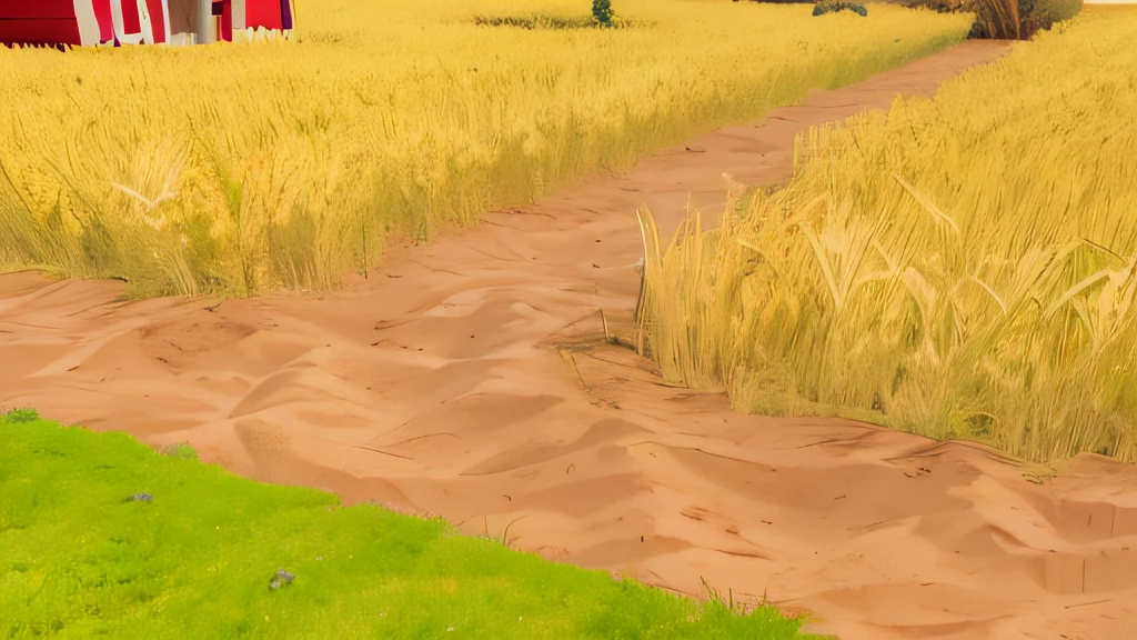 Pixar, 3d animation, 3d render, a farm in the countryside, afternoon daylight with long shadow, A field of yellow wheat, There is green grass growing in the bed of the wheat field and beneath of wheats, (cartoonish dirt road cuts through the field:1.3), a large tree. The barn has a red and some whit, in the left bottom corner there is grassland, high detail redering, Vary rendering, Arnold render, Artistic 3d render, profession CG shooting, artistic composition, professional Framing, sharp and high detail image, vivid colors, daylight, highly detailed, film grain, crystal clear, intricate, smooth, elegant, masterpiece, 4k, 8k, GI lighting, hyper detailed, HD