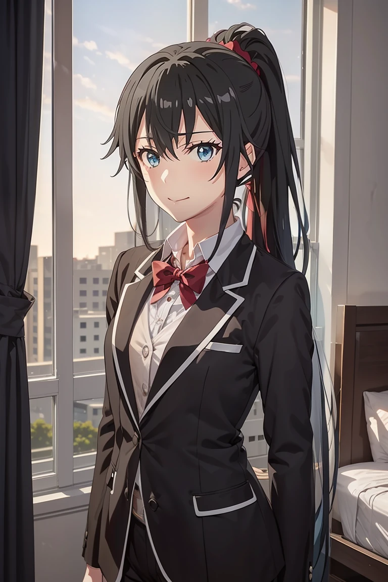 Yukinoshita yukino, 1girl, tuxedo, anime, colored, 8k, ponytail hair blue eyes detailed, hotel room background