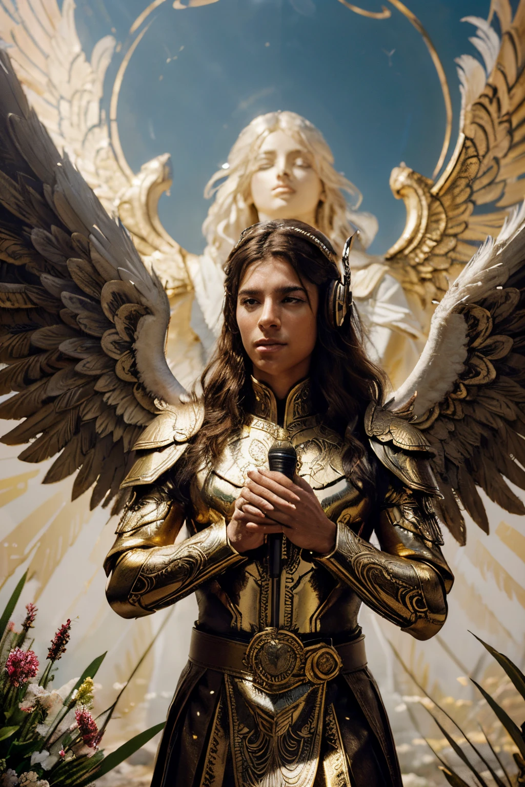 Archangel Michael with his flaming sword, wearing headphones and holding a microphone, (best quality:1.2, highres, ultra-detailed), surrounded by divine light, (bright and vibrant colors, ethereal glow) (oil painting, realistic:1.37), standing on a mountaintop overlooking a vast landscape. The sky is filled with clouds and golden rays of sunlight, (dramatic lighting) illuminating the scene. The angel's eyes shine with determination and power, (beautiful detailed eyes) while his lips are set in a firm and confident expression, ready to deliver his message. The details of his armor and wings are intricately depicted, capturing every feather and piece of metal. The garden below is filled with blooming flowers, adding a touch of beauty and serenity to the scene. In the distance, there are other angels (diverse group of angels), each with their unique attributes, (distinctive appearances, different set of wings) forming a celestial choir, (angelic chorus) harmoniously singing praises. The overall composition is balanced and dynamic, capturing the majestic presence of Archangel Michael and the divine atmosphere surrounding him.