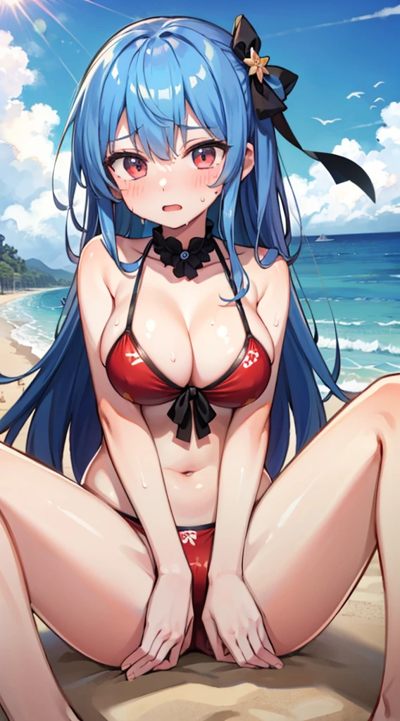 masterpiece、(top-quality: 1.5)、hight resolution、1 girl in、beach side、maikurobikini、that will burst、huge tit、Beautiful breasts、bikini in pink color、beach、Dig into the、Sweaty all over、Red face、be shy、kneeking、Spread your legs apart、Hoshigai Suisei、Blue hair、Hair flutters