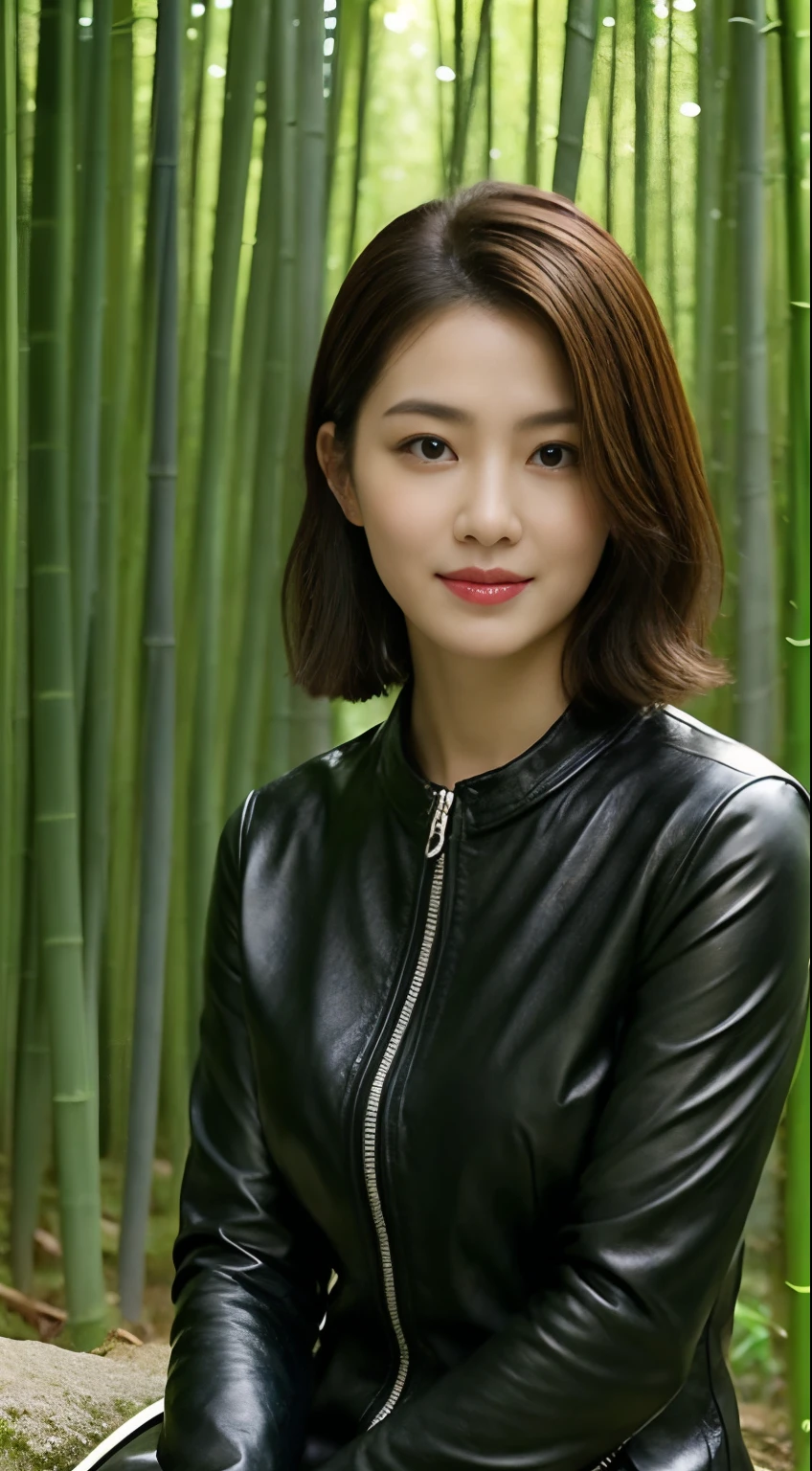 The highest image quality、超高分辨率、1 girl,Short hair details、exquisite and beautiful face、Wearing a leather long-sleeved robot suit、Sitting on a large rock in the bamboo forest