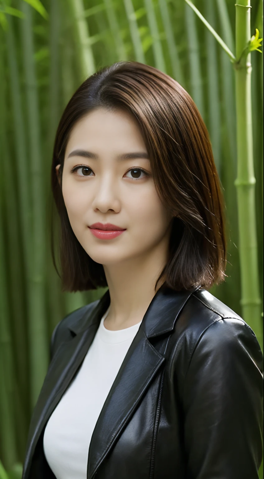 The highest image quality、超高分辨率、1 girl,Short hair details、exquisite and beautiful face、Wearing a leather long-sleeved robot suit、Sitting on a large rock in the bamboo forest