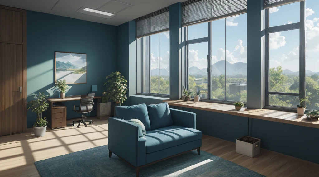 The overall color is blue, Office, Natural window lighting, Natural Indoor Lighting, Dark green,hyper-realistic environment, natural realistic render, Relaxing environment, with backdrop of natural light, enscape render, Nature takes over