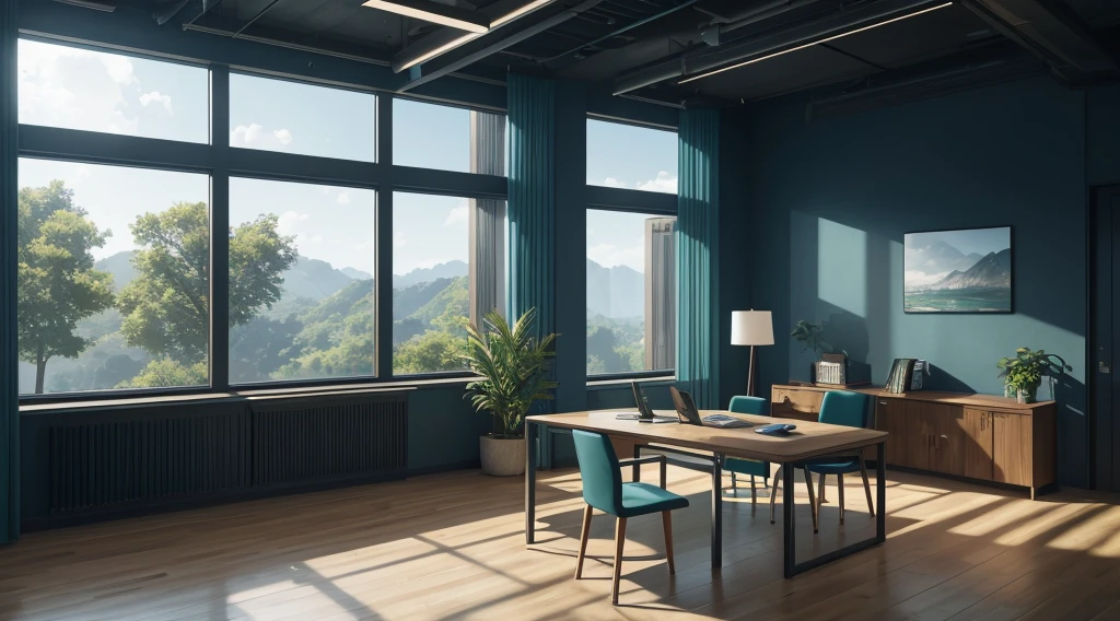 The overall color is blue, Office, Natural window lighting, Natural Indoor Lighting, Dark green,hyper-realistic environment, natural realistic render, Relaxing environment, with backdrop of natural light, enscape render, Nature takes over