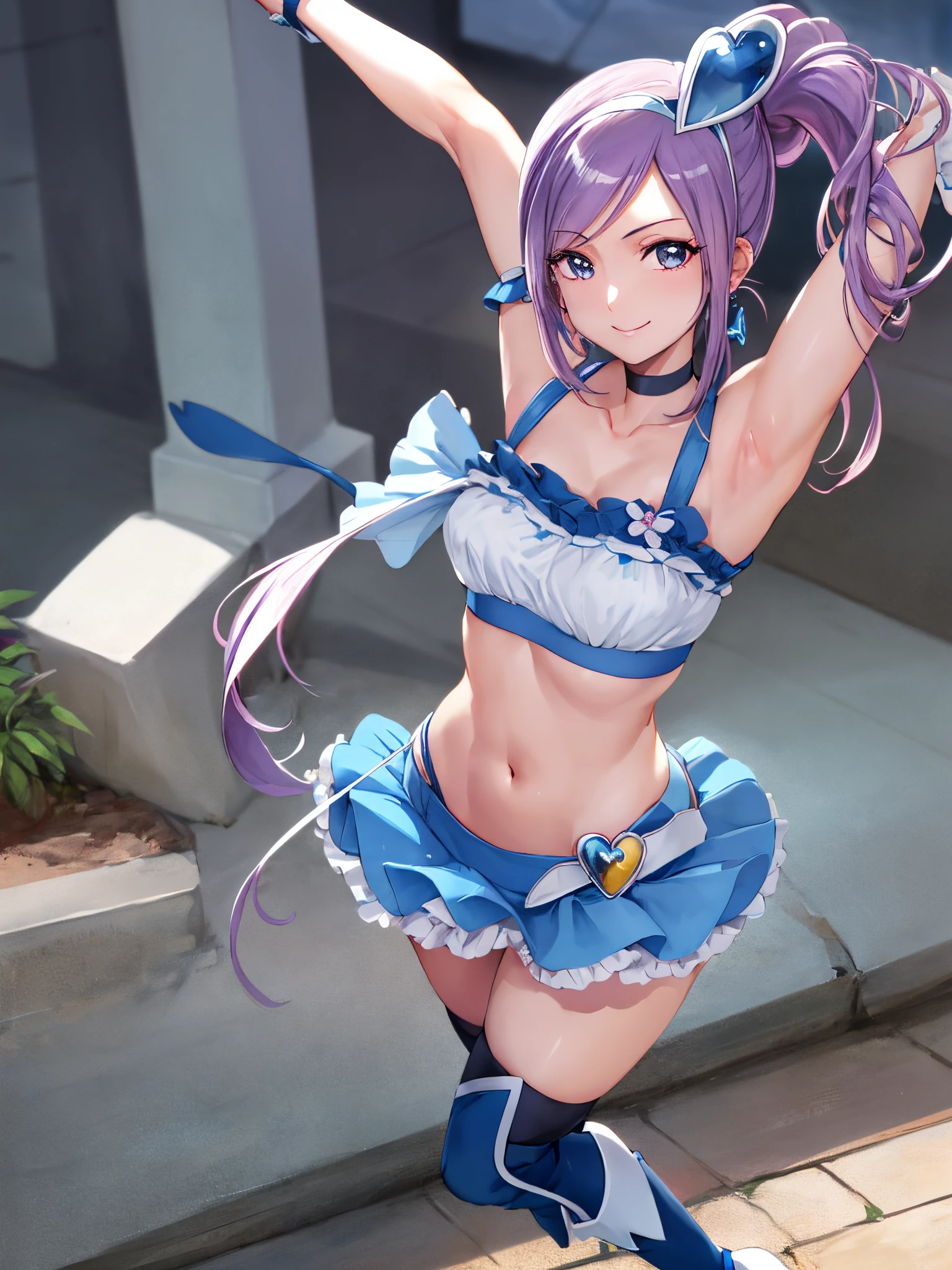 sleeveless,Armpit show,masutepiece, Best Quality, Looking at Viewer, depth of fields, Walking, Smile,1girl in, Cure Berry, Precure, Wrist cuffs, Blue skirt, Side Ponytail, Blue Boots, Pedras preciosas, shairband, Navy thighs, Navel, Blue Ribbon,