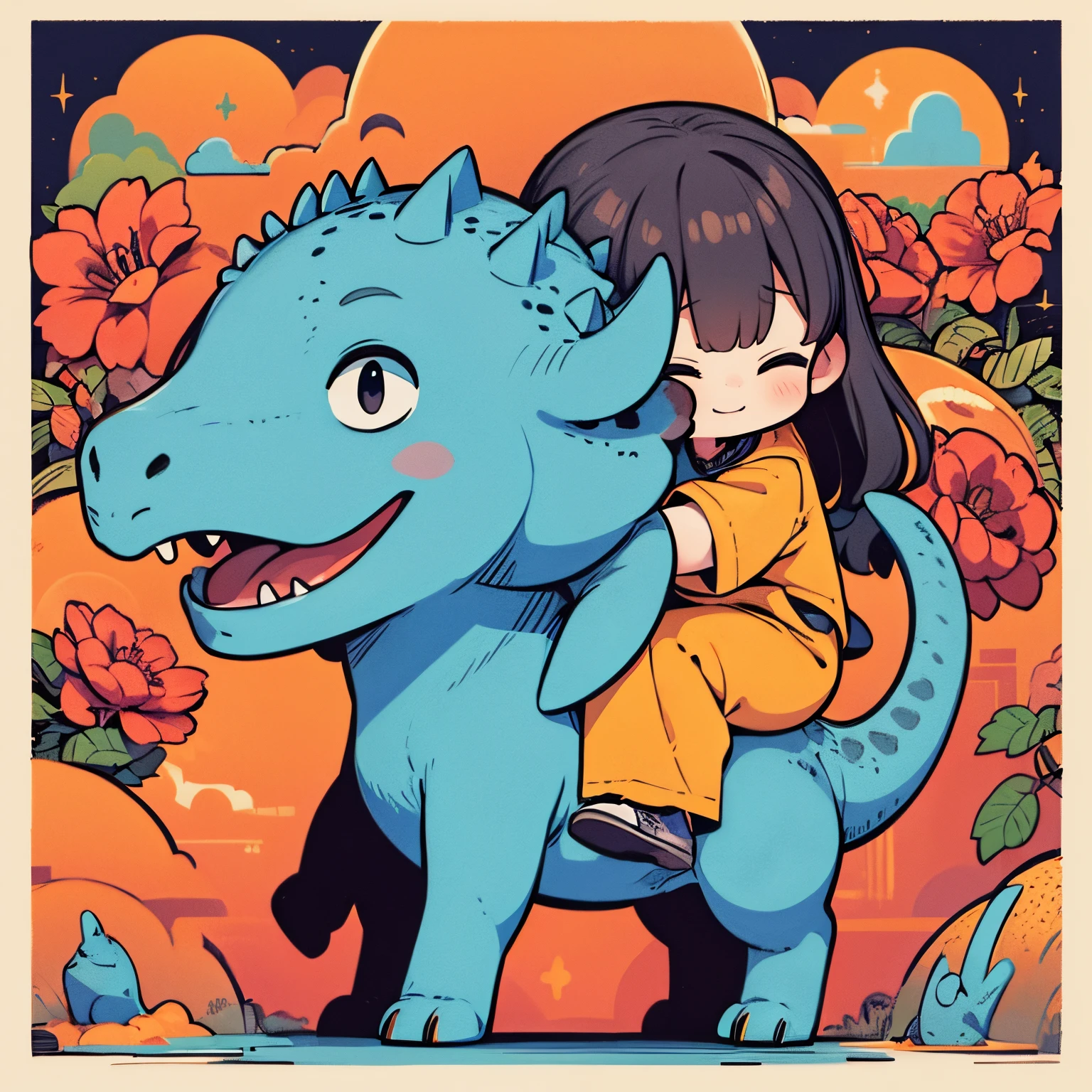 A masterpiece, a detailed background, Pretty girl、Riding on the back of a small dinosaur、Happy look、Chibi