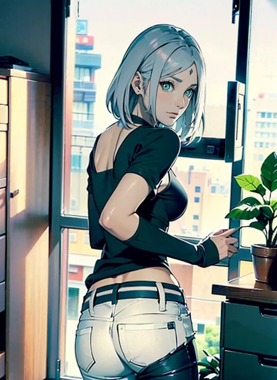 1 MULHER MADURA (adulto), corpo sexy, Corpo Perfeito, roupas muito apertadas (casaco hospitalar), Mostra muita pele, roupas sexy,, Seios aparecendo, standing in doctor&#39;s office, Close-up, arms behind back, sakura haruno adult doctor , faixa de cabelo vermelha, ((camisa branca)), white jeans, hot, seios grandes, Front view, Standing, s office ((camisas desabotoadas))