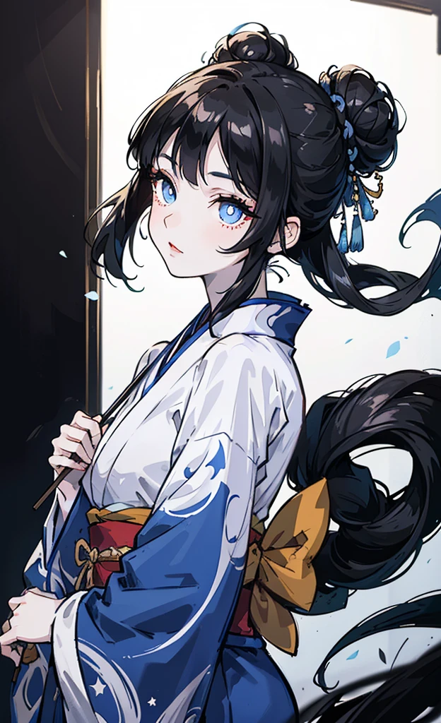 1girl,Silky black hair in bun, with chopstick, dark void blue eyes, white star pupils, beautiful pale skin, long eyelashes, slim, very delicate and beautiful, wearing kimono, japanese, in black room, 8k,masterpiece, anime, excellent quality, demon slayer style