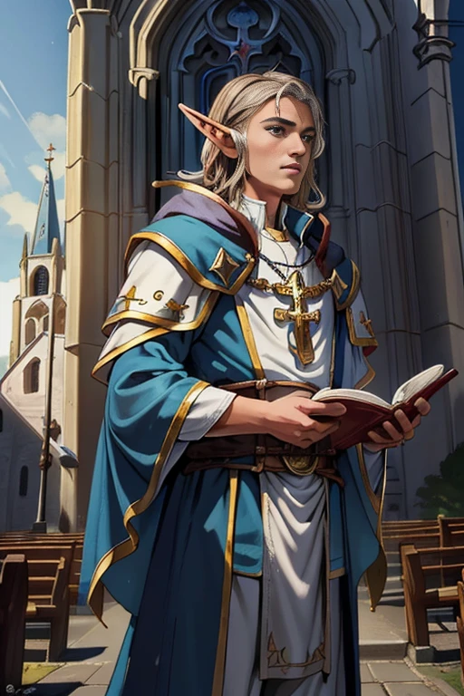 (extremely detailed 8k wallpaper:1.2), (best quality:1.2), (adventure and fantasy theme), profile (Paizo Pathfinder RPG character and Dungeons & Dragons), (man), (((half elf race))), young, boy, (subsurface scattering:1.1), award-winning photography, ((Cleric Class:1.3)), ((half-body shot:1.1)), centered face, short brown hairs, brown eyes:1.2, pale skin, , innocent, dons a sky blue and white robe, wears sky blue pants, holding the holy bible, (in front of a medieval church:1.3), (very detailed background:1.2),dramatic lighting, SF,