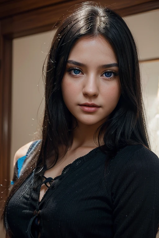 Imagine a captivating scene featuring a young girl with flowing black hair and striking blue eyes. Describe the intricate details that make her hyperrealistically beautiful.