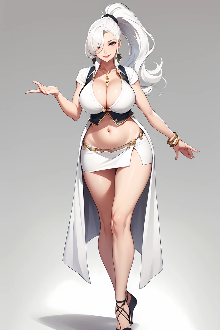 Highest image quality，high high quality，A mature woman，age 22，Huge cleavage，Nipple presentation，high-heels，High ponytail，Long white hair，hair covering one eye，ssmile，Gilet blanc，Superskirt，obscene exposure，Open belly button