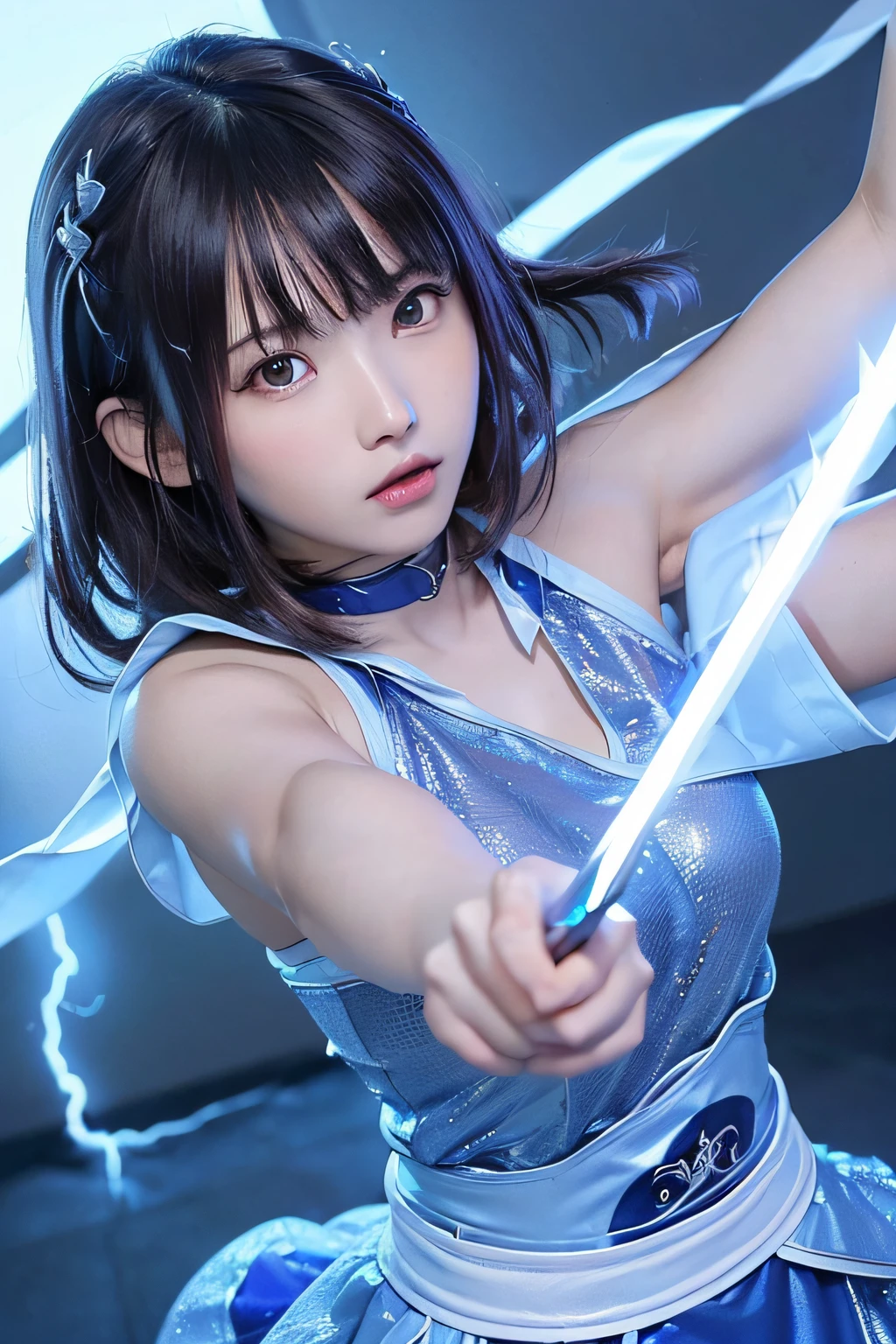 1girll,((top-quality、Top image quality、超A high resolution))、(Photorealsitic), (Realistic), (Ultra high definition), masutepiece, Best Quality, Raw photography, Hyper realistic, Idle face, the air looks clear, mix with lightning.(((He has a legendary sword that emits blue lightning.............)))、blue energy effects,