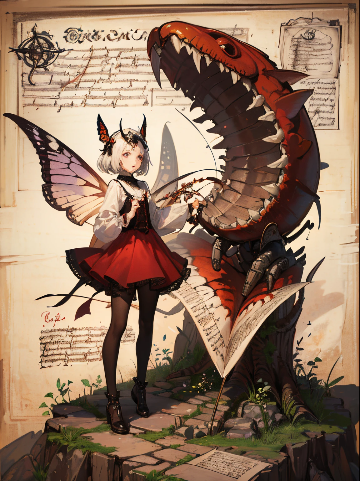 masterpiece, forgotten_pages a drawing of a girl with red butterfly wings, beautiful, pretty,red dress, flying in the sky, gem, pearl,standing, forgotten_pages