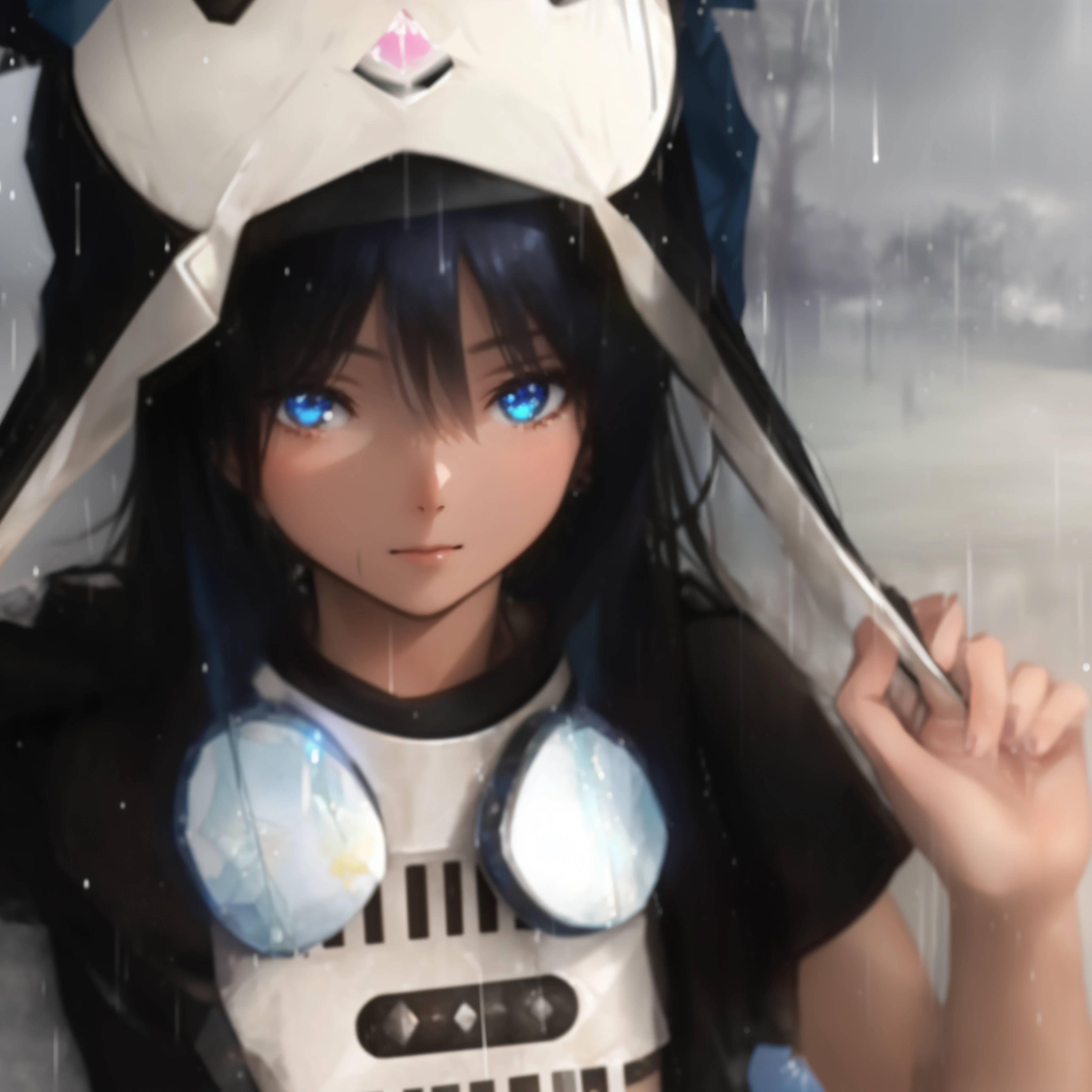 ((A far view)) of a black-haired anime girl, (sitting in the (river)), ((strong sunlight)), cinematic light, slim body, skin is perfectly healthy, soft, and smooth, Extremely delicate and beautiful CG illustration, best quality, high resolution, dynamic angle, full-length lens, (1 girl), floating, soft light, high-key lighting), glowing light, blue halo, blue crystal, ((very cinematic)), ((half naked)), (raining: 1.2), barefoot