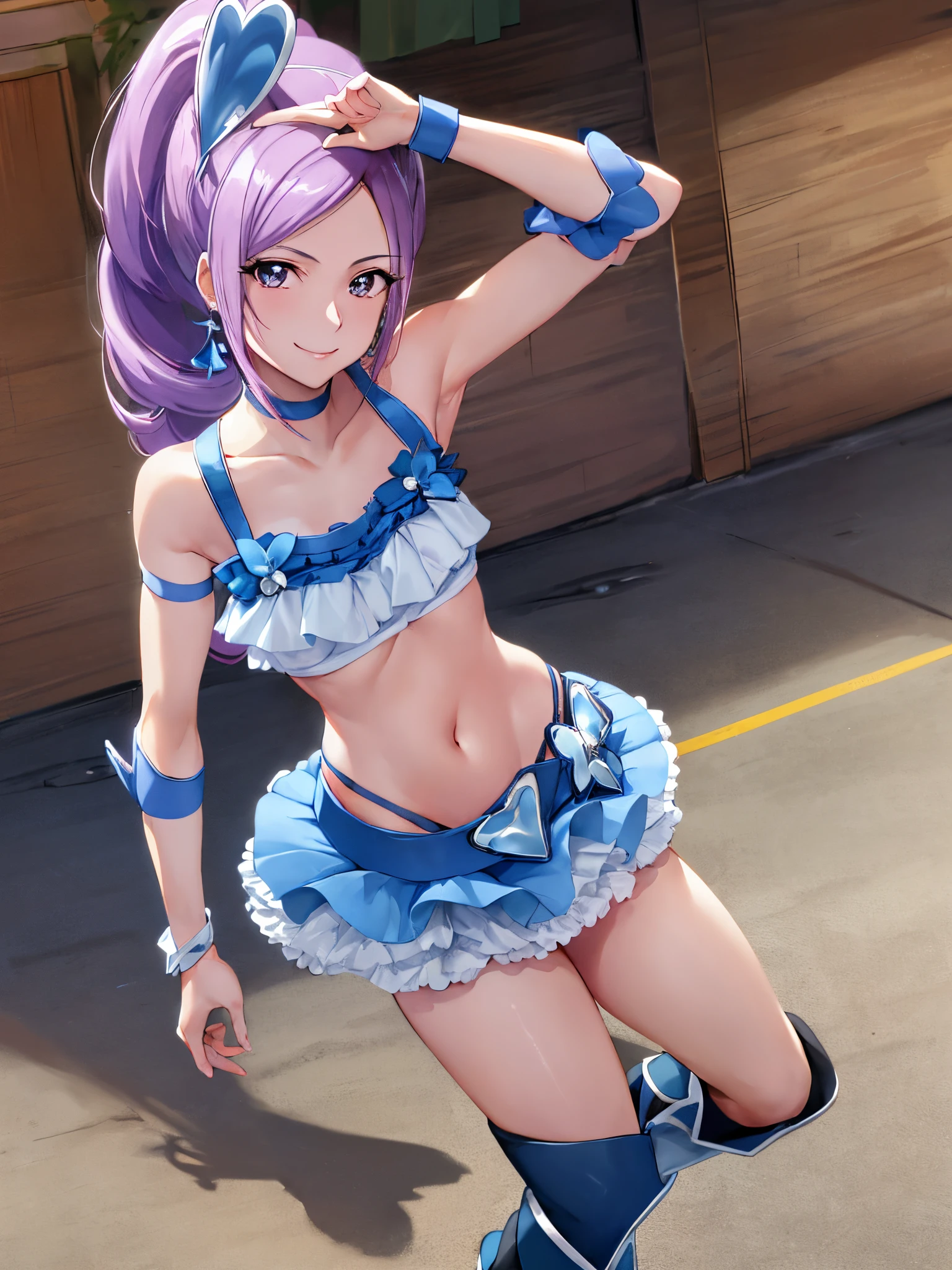 sleeveless,Armpit show,masutepiece, Best Quality, Looking at Viewer, depth of fields, Walking, Smile,1girl in, Cure Berry, Precure, Wrist cuffs, Blue skirt, Side Ponytail, Blue Boots, Pedras preciosas, shairband, Navy thighs, Navel, Blue Ribbon,