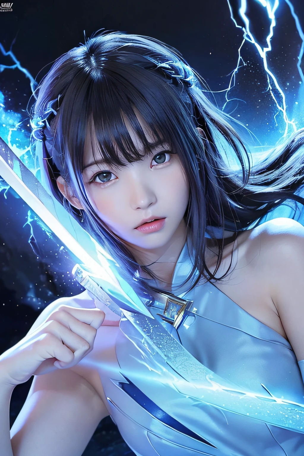 ((top-quality、Top image quality、超A high resolution))、(Photorealsitic), (Realistic), (Ultra high definition), masutepiece, Best Quality, Raw photography, Hyper realistic, The Girl&#39;s face, the air looks clear, blend with the aurora.(((He has a legendary sword that emits blue lightning.........)))、blue energy effects、(((Broken mirror)))