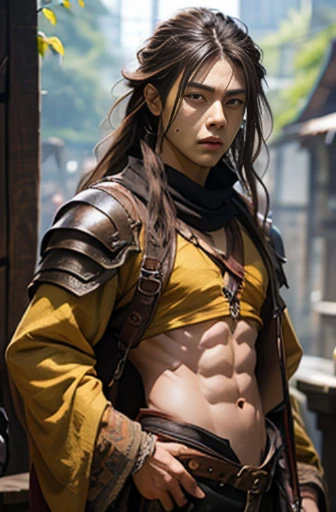 Handsome men ,RPG、Small eyes、tied up long hair、fantasy style clothing、yellow outfit、wearing a long yellow bandana、Black hair、You can also see some of my abs、Clothes that are small in size