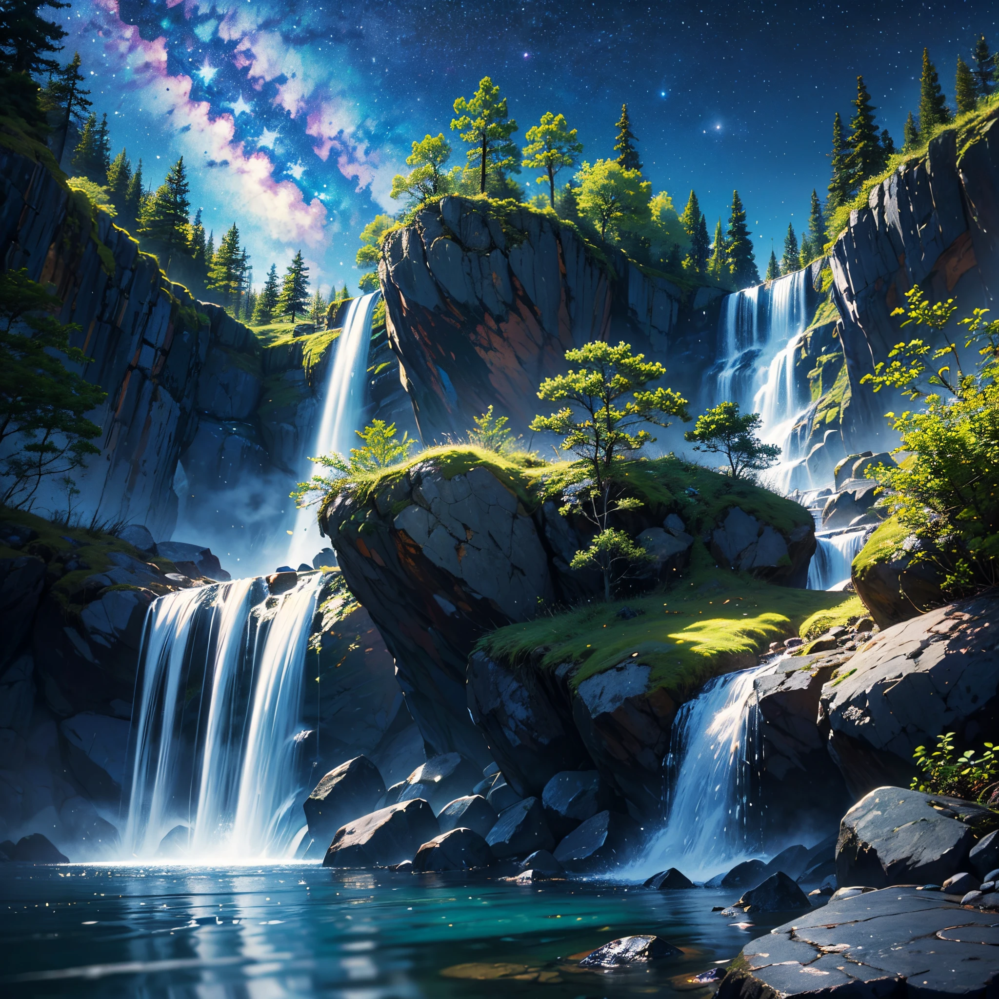 Best Quality、masutepiece、8k、yuki:2、Winters:1.5、((natta:1.5、starrysky、milkyway))、falls、Waterfall Basin、Mountains