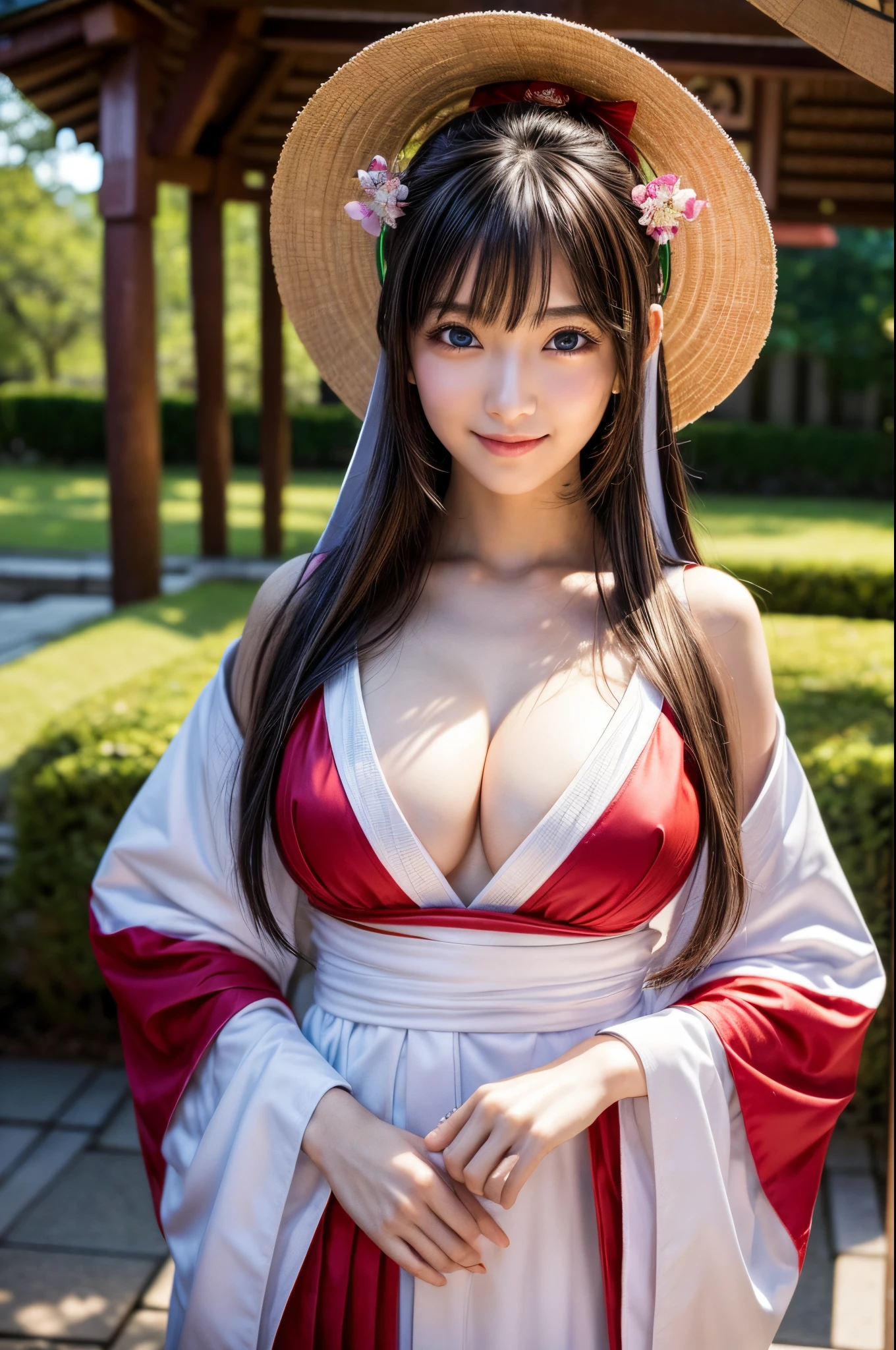 (masutepiece:1.3, Photorealsitic:1.4, 8K), top-quality, masterpiece, 超A high resolution, Perfect dynamic composition, Highly detailed skin and facial texture:1.3, A detailed eye, Detailed limbs, Shrine grounds in summer:1.2, 1girl in, Cute sexy 22 year old slim woman, Fair skin, ((Natural smile:0.9, Totally captivates you:1.0)), ((accurate shrine maiden costume)), ((voluptuous breasts:0.9)), (Facing the front, randome pose), (Beautiful blue eyes, Eyes that feel beautiful eros:0.85), Sexy face:0.4, (A mouthfeel that feels beautiful eros:0.85), ((Too cute beauty:0.9))