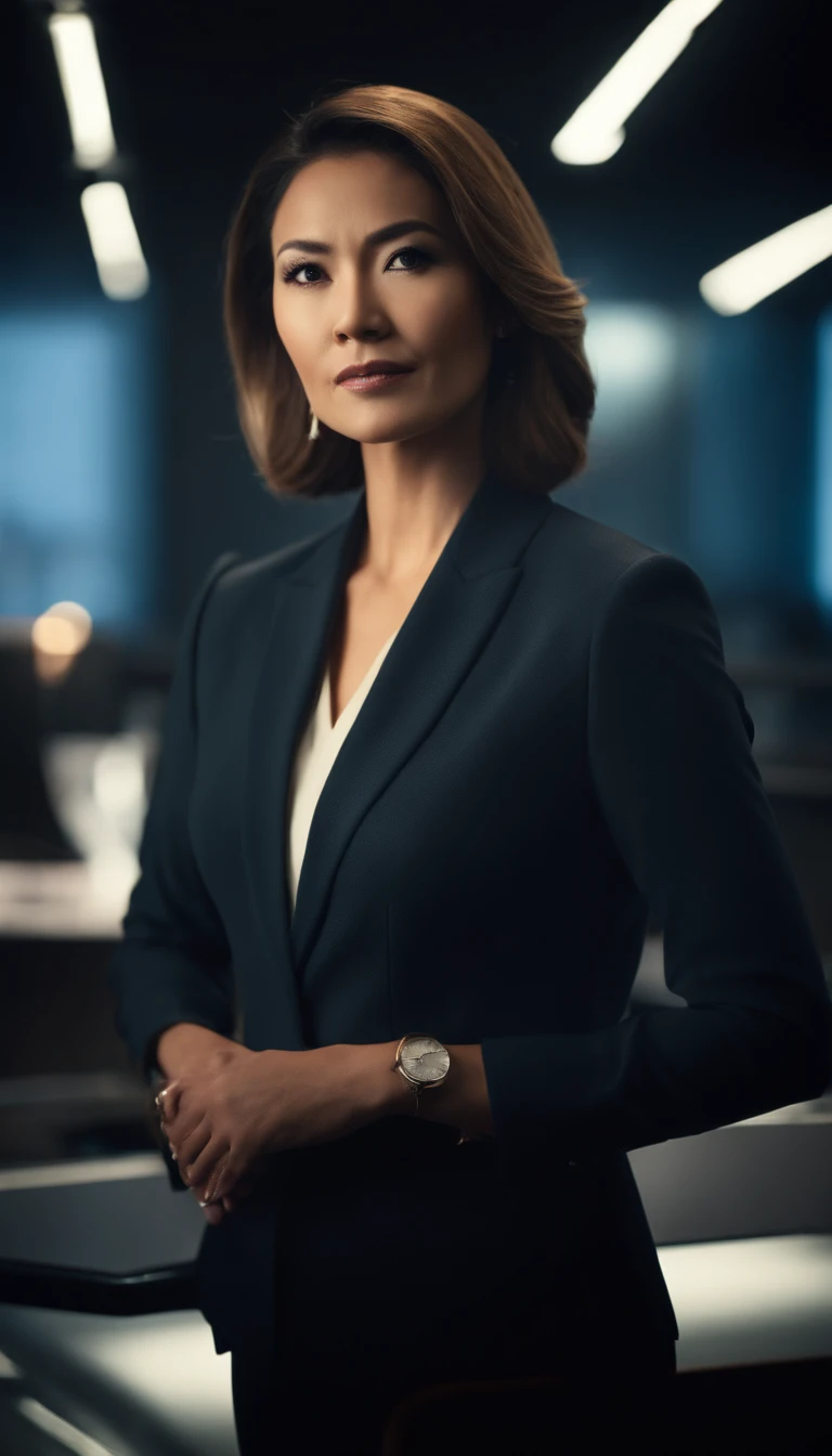 Female news anchor facing forward。