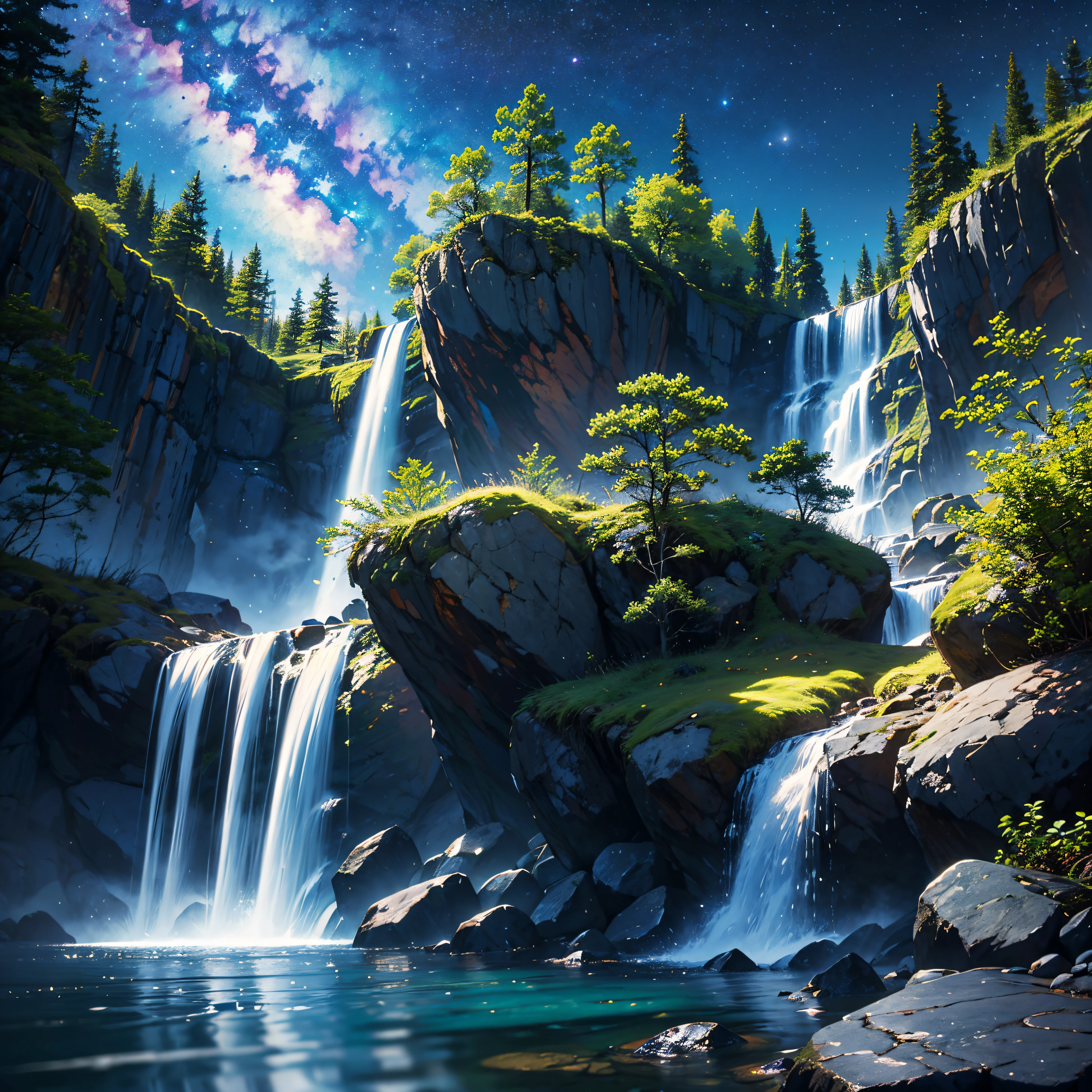 Best Quality、masutepiece、8K、Yuki:2、Winters:1.5、((natta:1.5、starrysky、milkyway))、falls、Waterfall Basin、mountainscape