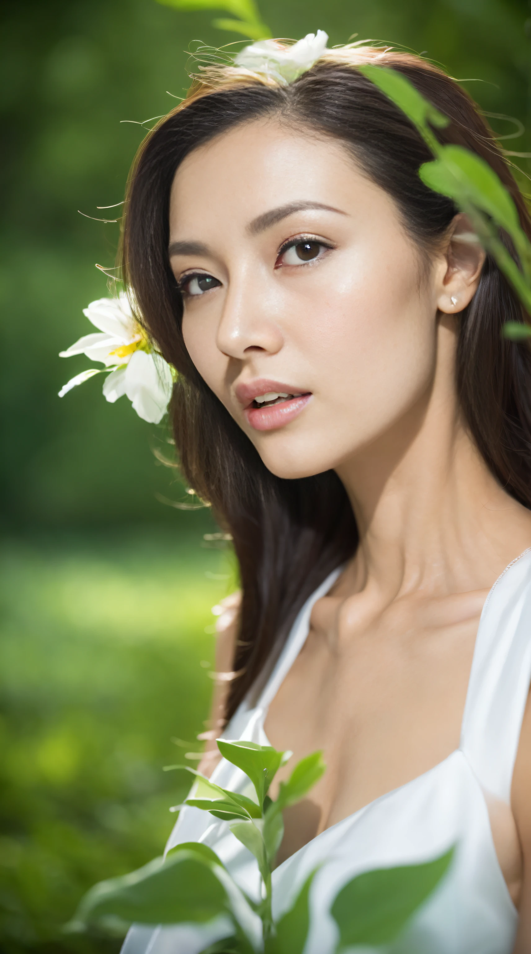 a fashion model，25 age old，[[[[Close-up cleavage]]]], [[[[climaxing]]]], [[[[Cole]]]], [[[[bshoulder]]]],perfect  eyes, Perfect iris，perfect lips，perfect teeth，Perfect Skin，with fair skin，HighDynamicRange，Movie Girl，(delicated face)，(Highly defined faces)，((closeup of face))，White casual wear，The background is green trees，fresh flowers，4K Ultra HD, 超高分辨率, (realistically: 1.4), Best quality，tmasterpiece，（pastel colour：1.2）