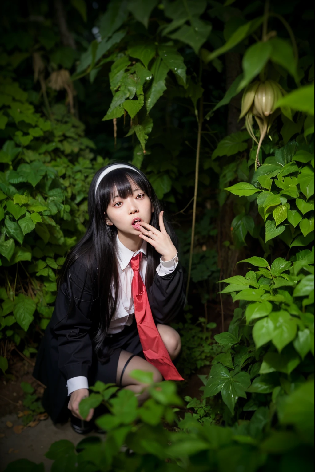 (Best quality, 8k, 32k, Masterpiece, UHD:1.2) "Generate a nightmarish and haunting art piece inspired by Junji Ito's 'Tomie,' featuring the horror character with all of her hair flowing upward in a supernatural and unsettling manner. Depict her with a terrifying, zombie-like face and bloodstains on her school uniform, creating a chilling atmosphere. Utilize dynamic lighting to intensify the horror, casting eerie shadows and highlights that enhance the macabre details of the scene. Emphasize the grotesque and nightmarish elements to capture the terrifying essence of Junji Ito's horror aesthetic." the lake reflection is Evil, Monstrous, other-wordily, cursed lake, monster at the lake