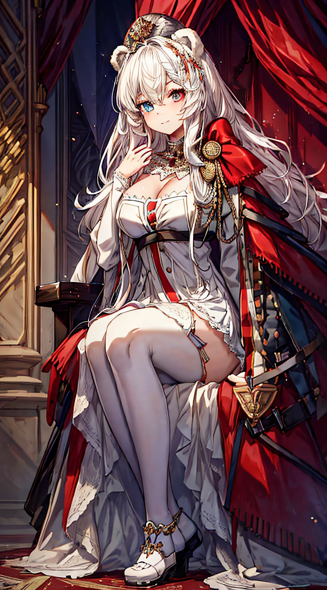 Empress, revealing dress, revealing breast, ((heterochromia)), ((red left eye)), ((blue right eye)), Dominant,arknights,Rosa (arknight),White bear ears, polar bear girl,heterochromia,Queen, Large breast,Official art,Medium hair,Looking at viewer,teasing,Sitting on throne,mommy,soft smile,1girl, best quality, hyper detailed, Cinematic light, intricate detail, highres, 8k, detailed eyelashes,white hair, fantasy, highly detailed background, long hair, crown on head, royal dress, royal crown, jewerly,full body,longhair, Looking at the viewer, teasing,Sitting on the throne, mommy,soft smile, royal dress, revealing, royalty dress, empress's dress, royal throne, red throne, royal cape, fur shawl