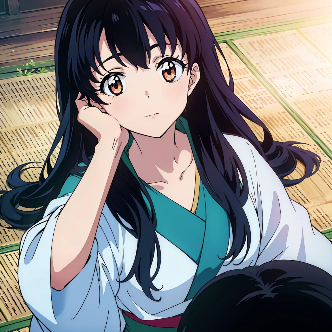 masterpiece, best quality, 1girl had long black hair. She wore a kimono, a robe over it